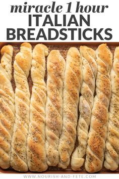 bread sticks in a baking pan with text overlay