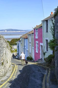 a man walking his dog down the street in front of some colorful houses with water in the background