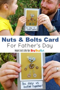 a father and daughter holding up a card that says nuts & bolts card for father's day