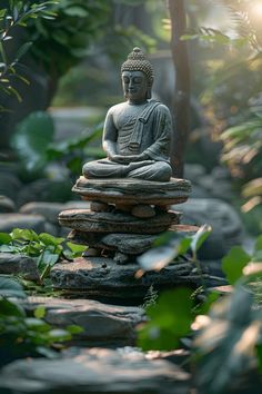 a buddha statue sitting on top of rocks in the middle of some plants and trees