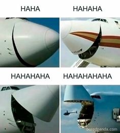 four pictures of airplanes with the words haha, haha and haha on them