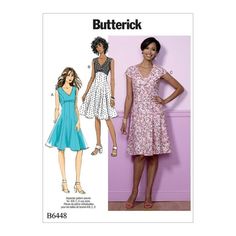 a woman in a dress and sandals standing next to a pink wall with the words butterick on it