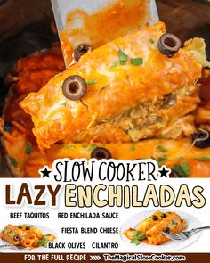 a poster for the slow cooker enchiladas recipe with text overlay