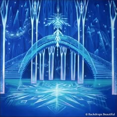 an animated scene with snowflakes, trees and a bridge in the middle of it