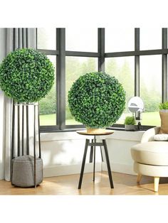 two round topiary balls sitting next to each other in front of a large window