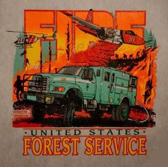 a green truck parked in front of an orange and red sign that says united states forest service