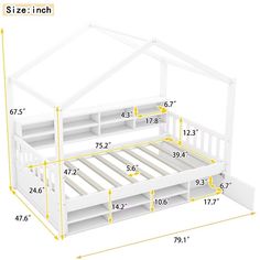 a white bed frame with measurements for the top and bottom bunk area, including two drawers