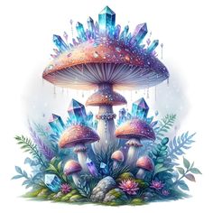 an illustration of mushrooms with crystals and plants in the foreground, on a white background