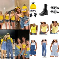 two women in overalls and one is wearing a minion hat while the other wears a yellow shirt