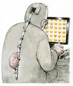 a drawing of a man looking at a computer screen