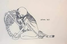 a drawing of a skeleton sitting on the ground holding a baby in it's arms