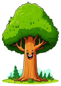 a cartoon tree with a smiling face on it's trunk and leaves around the base