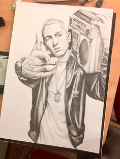 a drawing of a man holding a boombox in his right hand and pointing at the camera