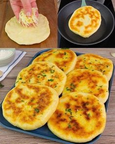 four different types of food being prepared in pans and on the stove top, including tortillas