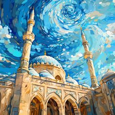 an artistic painting of a mosque under a blue sky with clouds and swirls in the background