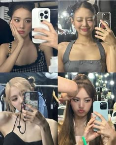 four different pictures of young women taking selfies in the mirror, with one woman holding up her cell phone