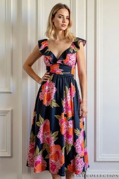 Elegant Navy Blue Midi Dress with Vibrant Pink and Orange Floral Print and Ruffled Accents Navy Blue Midi Dress, Orange Floral Print, Ruffled Neckline, Blue Dress Casual, Flowing Skirt, Feminine Silhouette, Garden Parties, Blue Midi Dress, Cinched Waist