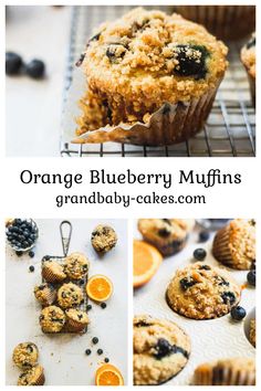 orange blueberry muffins on a cooling rack and in the background are fresh fruit