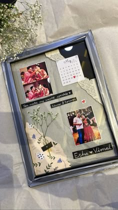 a photo frame with pictures and flowers on it