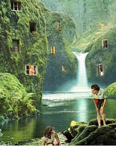 two children looking at a waterfall in the middle of a forest with windows above them