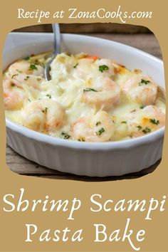 shrimp scampi pasta bake in a white casserole dish