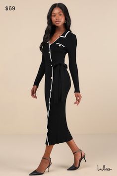 With a sleek pair of kitten heels and your fave handbag, you'll be best dressed in the Lulus Chic Persuasion Black Ribbed Button-Front Midi Sweater Dress! Soft and stretchy ribbed knit shapes a collared neckline, long sleeves, and a surplice-style bodice that boasts decorative, twin flap pockets with embossed gold buttons. Matching, asymmetrical faux button placket accents the front of the figure-skimming, column skirt that ends at a chic midi hem. Contrasting white trim accents the neckline, po Long Sleeve Dress Winter, Casual Formal Dresses, Midi Sweater Dress, Column Skirt, Lulu Fashion, Black Sweater Dress, Casual Wedding Dress, Sweater Dress Midi, Black Long Sleeve Dress