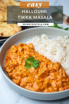 a bowl filled with rice and curry next to some other food on a table top