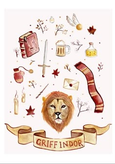 a watercolor drawing of a lion surrounded by items from the harry potter movie,