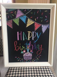 a chalkboard with the words happy birthday written on it in front of a cupcake