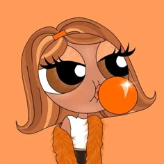 a cartoon girl blowing an orange bubble with her eyes wide open and long blonde hair