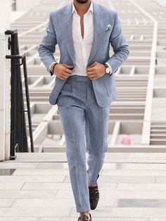 Blue Men's Wedding Linen Suits Summer Beach Wedding Suits 2 Piece Solid Colored Tailored Fit Single Breasted Two-buttons 2024 2024 - $93.99 Wedding Guest Men, Wedding Guest Suits, Suit For Men Wedding, Linen Suits For Men, Beach Wedding Suits, Beach Wedding Attire, Mens Wedding Attire, Groom Wedding Attire, Blue Suit Men