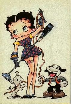 a drawing of a girl with an electric hair dryer on her head and two dogs