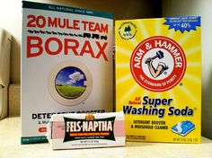 two boxes of borax and soap sitting on a counter next to each other