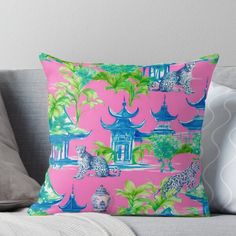 Super soft and durable 100% spun polyester Throw pillow with double-sided print. Cover and filled options. Blue preppy cheetahs, pagodas, ginger jars and banana trees on pink background Banana Trees, Pink Throw Pillow, Blue Preppy, Pink Throw, Pink Pillow, Pink Throw Pillows, Banana Tree, Banana Leaves, Pink Pillows