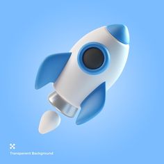 a blue and white toy rocket flying through the sky