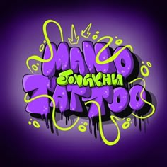 an artistic graffiti type design in purple and green colors with the words mando tonka moo on it