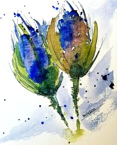 a painting of two blue flowers on a white background with watercolor splashes and blotches