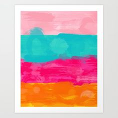 an abstract painting in pink, blue and orange