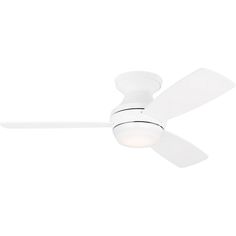 a white ceiling fan with a light on it's side and two blades in the middle