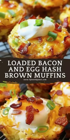 loaded bacon and egg hash browns muffins on a cooling rack with text overlay