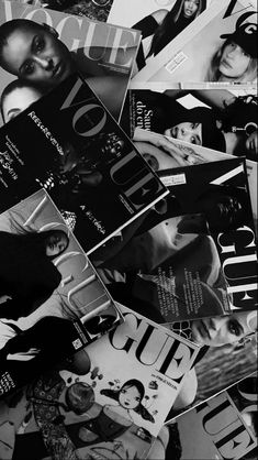 black and white photograph of magazine covers piled on top of each other, with one woman's face in the middle