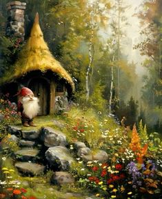 a painting of a gnome sitting in front of a small hut with flowers and rocks