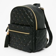 This stylish faux leather mini backpack has it all! Two zip compartments, adjustable straps, shiny gold accents, and gold pearl studs. Adjustable straps, Dimensions: 11" W x 12" H x 4" D, Closure: Zipper, Material: PU Size: One Size.  Color: Black.  Gender: female.  Age Group: kids. Cute Mini Backpacks, Stylish School Bags, Studded Backpack, Mini Backpack Purse, Mini Mochila, Girls Purse, Functional Fashion, Cute Backpacks, Pretty Bags