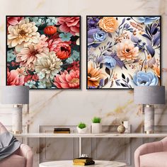 two floral paintings on the wall in a living room