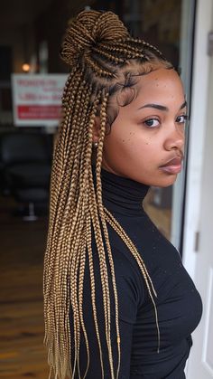 25 Mixed Blonde Knotless Braids for Your 2024 Shine African Braids Blonde, Braids For Black Hair Blonde, Knotless Hair Color Ideas, Black And Blonde Cornrow Braids, Vacation Knotless Braids For Black Women, Natural Looking Knotless Braids, Two Tone Knotless Box Braids, Medium Honey Blonde Knotless Braids, Black Hairstyles Color