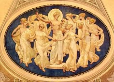 a painting on the ceiling of a building with many women and men holding hands in each other's arms