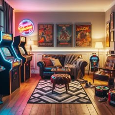 a living room filled with furniture and arcade machines