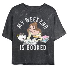 Be our guest and dress your best in this fun Disney Beauty And The Beast Belle My Weekend Is Booked Juniors' Mineral Wash Crop Top Graphic T-Shirt! Belle reads with Chip and Mrs. Potts beneath the text "My Weekend is Booked" in bold white font across the front of this crop top. You'll love this retro fashion that shows off a vintage faded look and raw cropped seam and is perfect for Disney fans everywhere! Chip And Mrs Potts, Disney Princess Books, Mrs Potts, Beauty And The Beast Belle, Cropped Graphic Tees, Be Our Guest, Book Tshirts, Disney Beauty And The Beast, Crop T Shirt