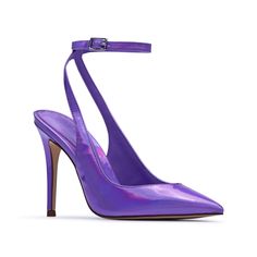 Material: Mirror Faux Patent Heel Height: 100mm Set Back Heel for Extra Stability Memory Foam Sock for Extra Comfort Sleek Pointed Toe Adjustable Ankle Strap SKU: 2183009PAP Purple Patent Leather Heels With Pointed Toe, Fitted Purple Heels With 4-inch Heel, Purple 4-inch Heel Ankle Strap Heels, Purple Shampoo For Blondes, Luxury Purple Heels With 4-inch Heel, Black And White Graffiti, Purple 4-inch Heel Synthetic Heels, Dyed Hair Purple, Purple Blush