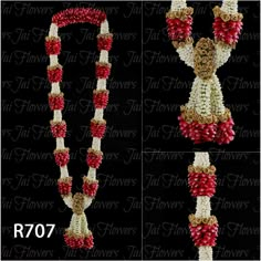 beaded necklaces with red and white beads are shown in three different pictures, one is